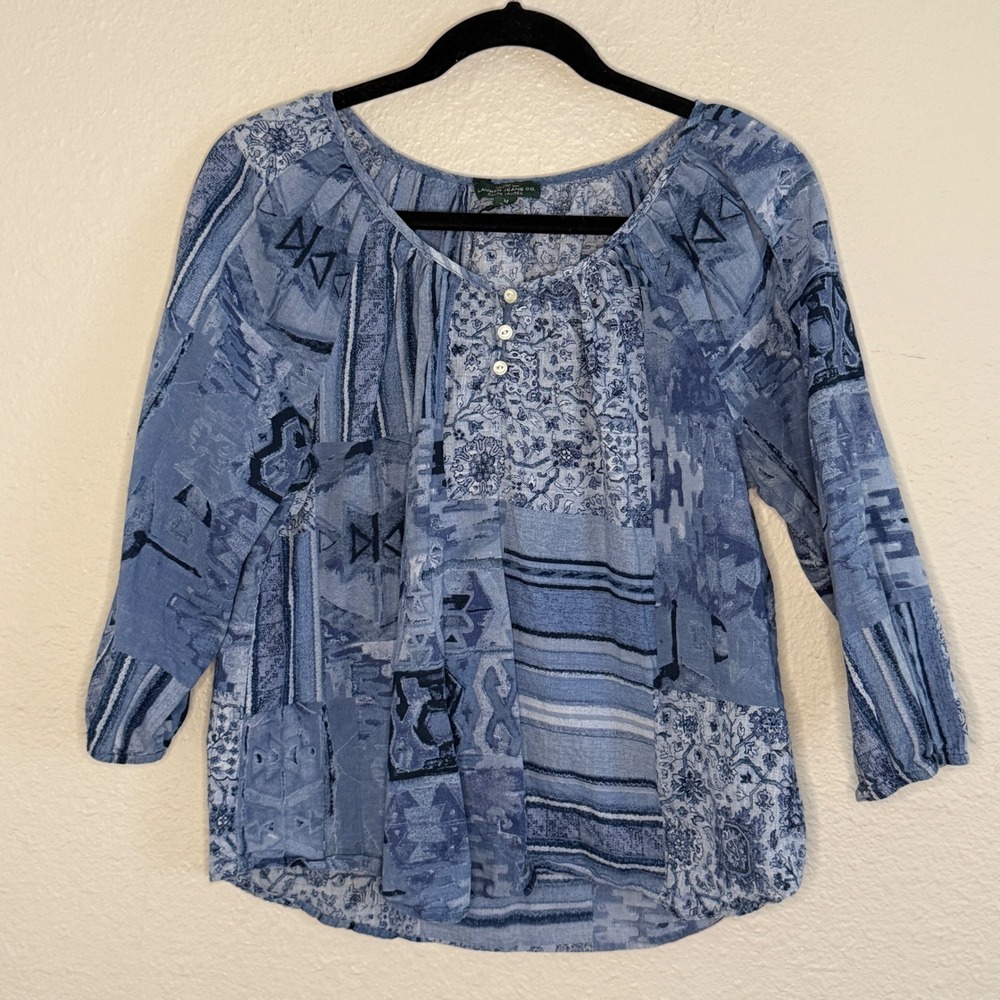 Lauren Ralph Lauren Blue Patchwork Cotton Peasant Blouse Women Medium Boho Indie